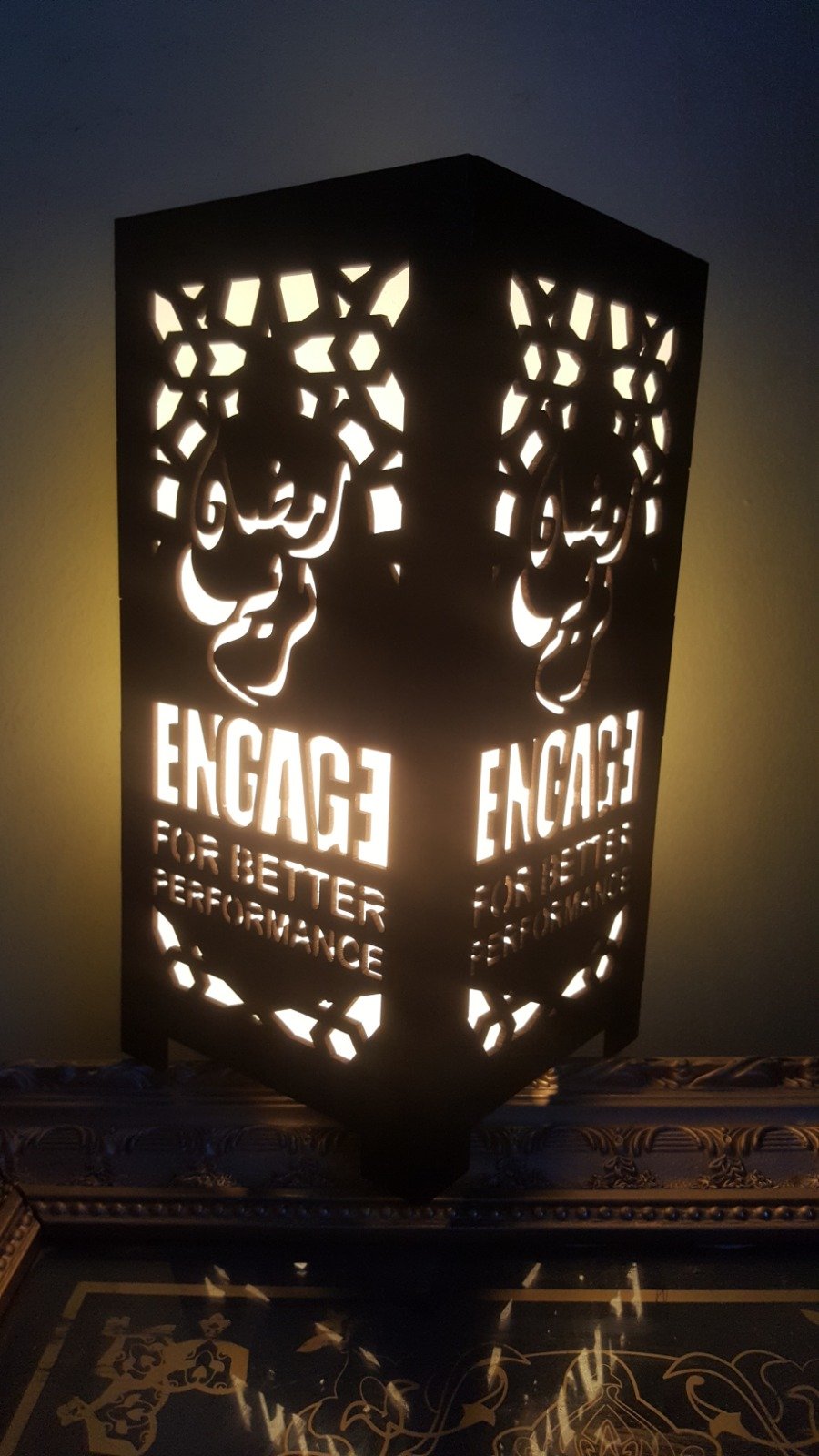 Laser etched wood lantern with your company's name and logo / فانوس خشب محفور بالليزر عليه اسم شركتك وشعارها