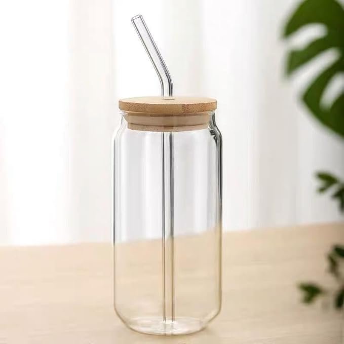 Mug with Wooden Lid and Clear Glass Straw / كوب زجاج بغطاء خشبى وشاليمو زجاج