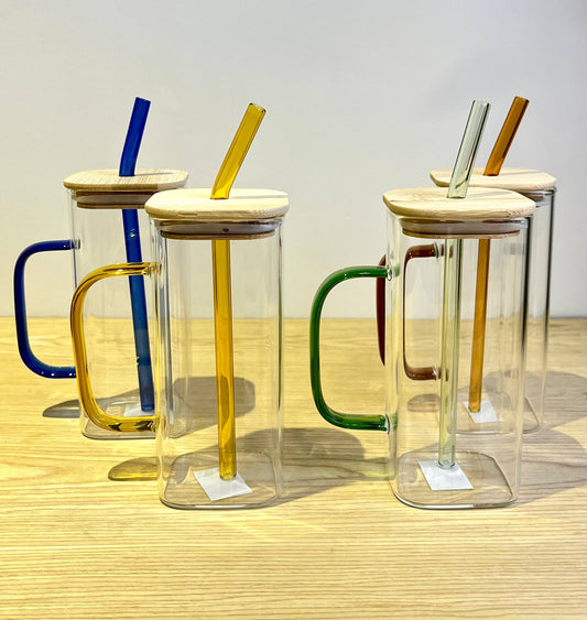 Square Glass Mug With Colored Handle & Wooden Lid / ماج زجاجى مربع بيد ملونة وغطاء خشبى