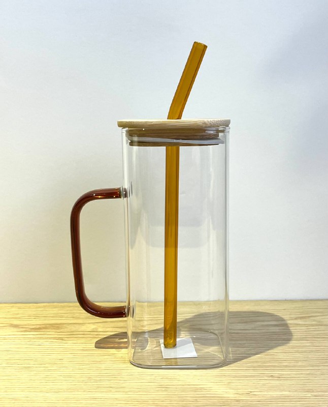 Square Glass Mug With Colored Handle & Wooden Lid / ماج زجاجى مربع بيد ملونة وغطاء خشبى