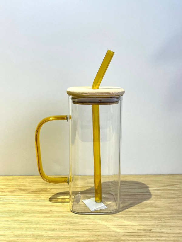 Square Glass Mug With Colored Handle & Wooden Lid / ماج زجاجى مربع بيد ملونة وغطاء خشبى